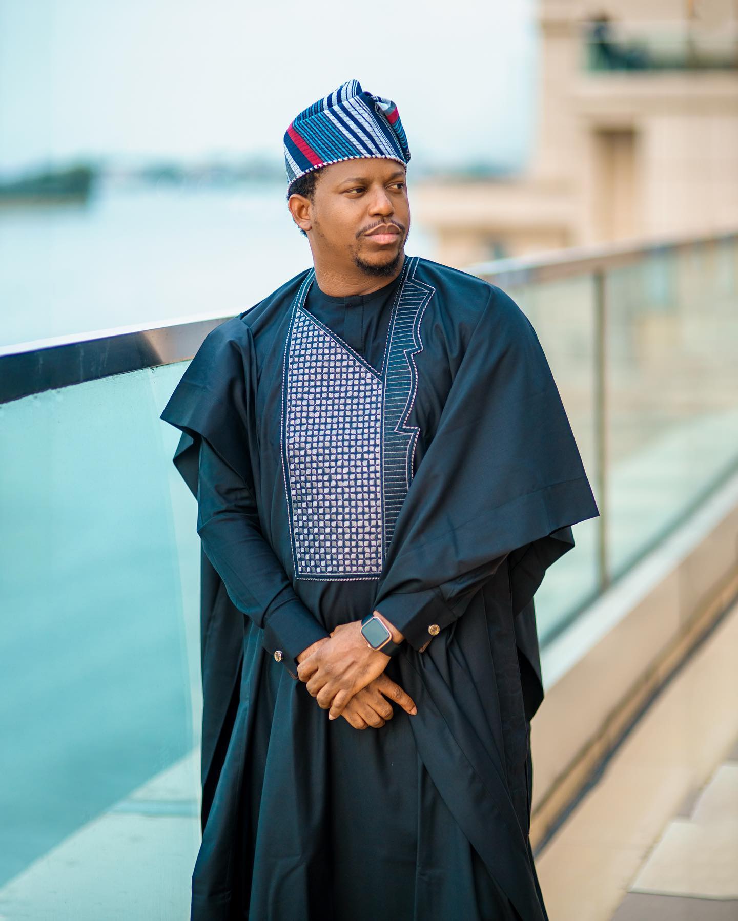 3-piece Navy-blue Full Sleeve Agbada with an Egyptian inspired embroidery