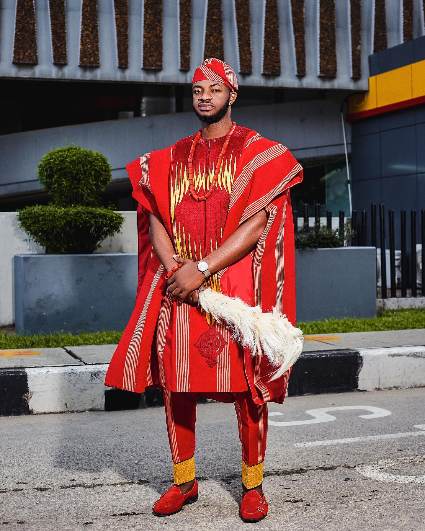 Exquisite 3-piece Red Asooke Agbada with Emboldened Monogram Fiery Embroidery