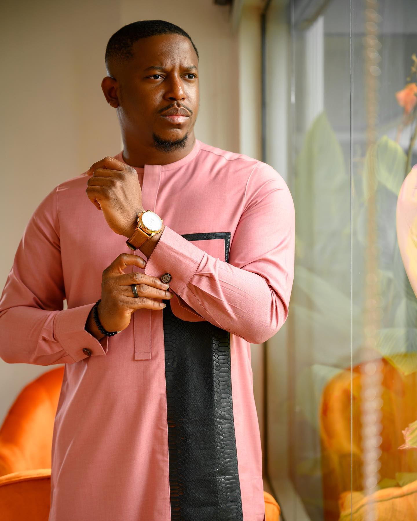 Peach Roundneck Kaftan with Black leather prints side-piece