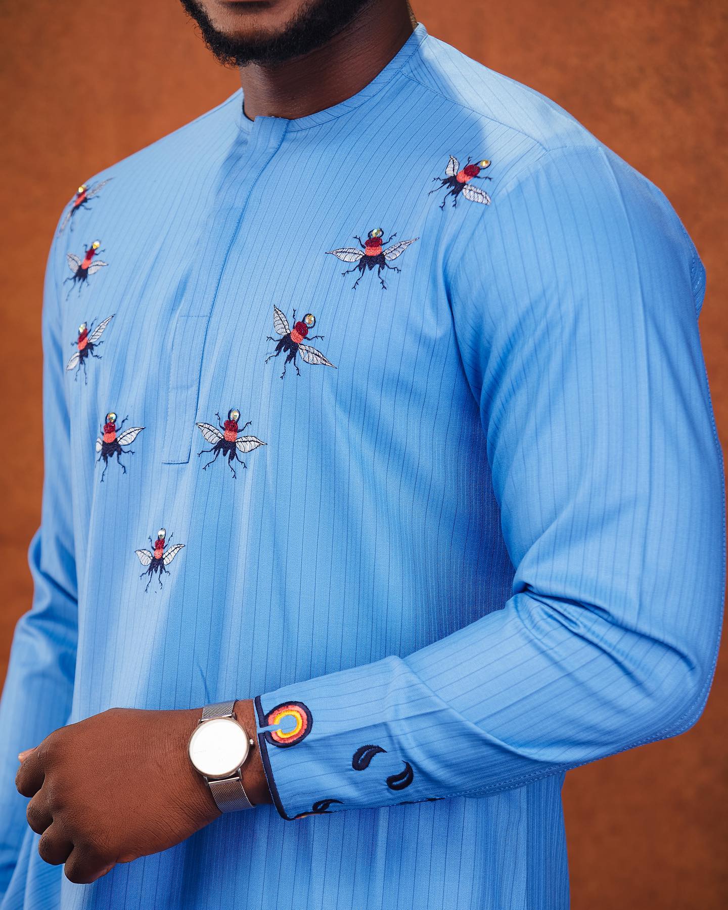 Light Blue Stripe Kaftan with butterfly-shaped pattern embroidery