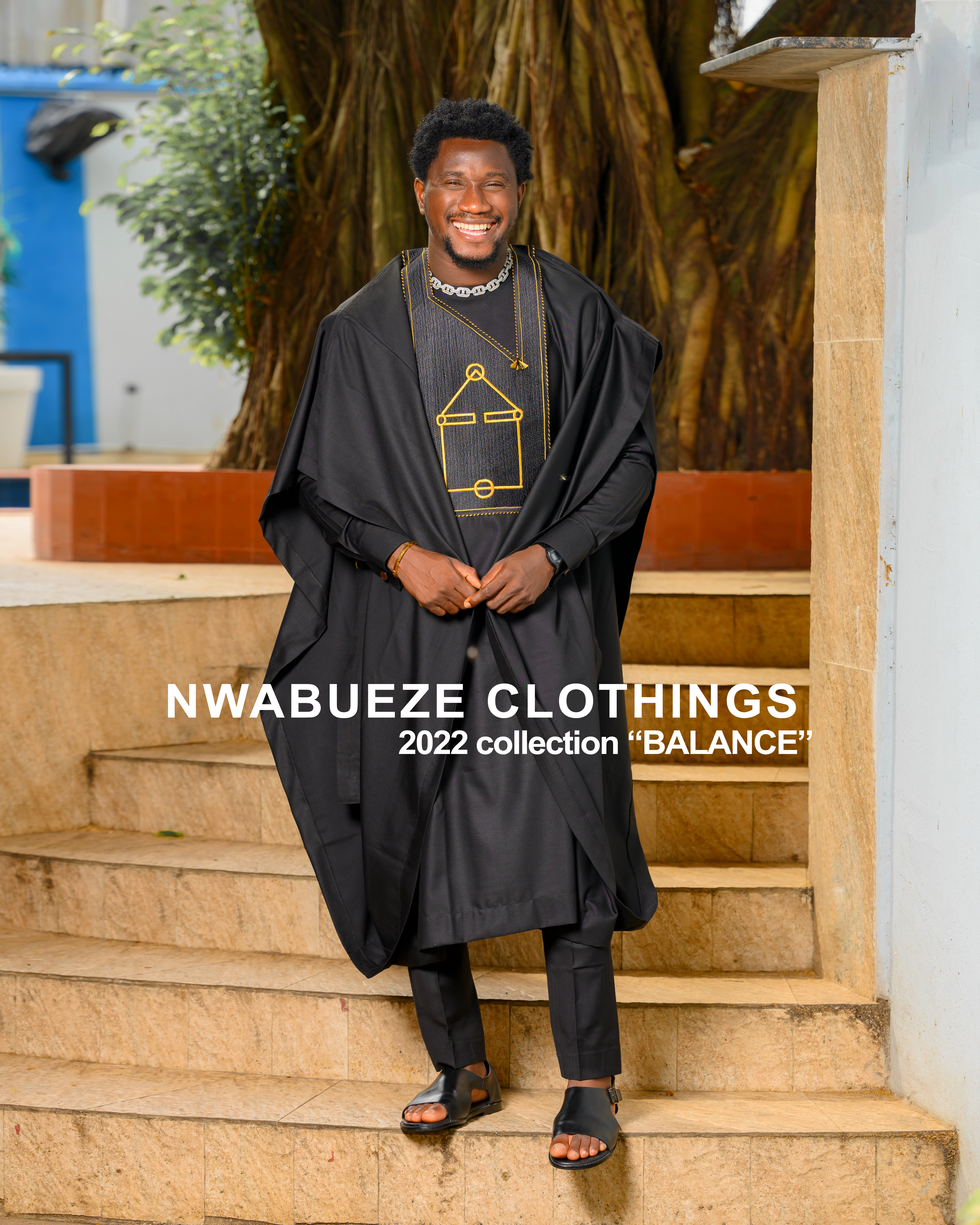 3-piece Black Agbada with a house inscribed embroidery and inner Kaftan