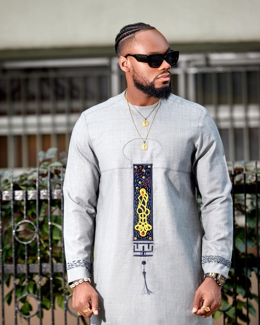 Full Length Grey Kaftan with a straight lined beaded pattern