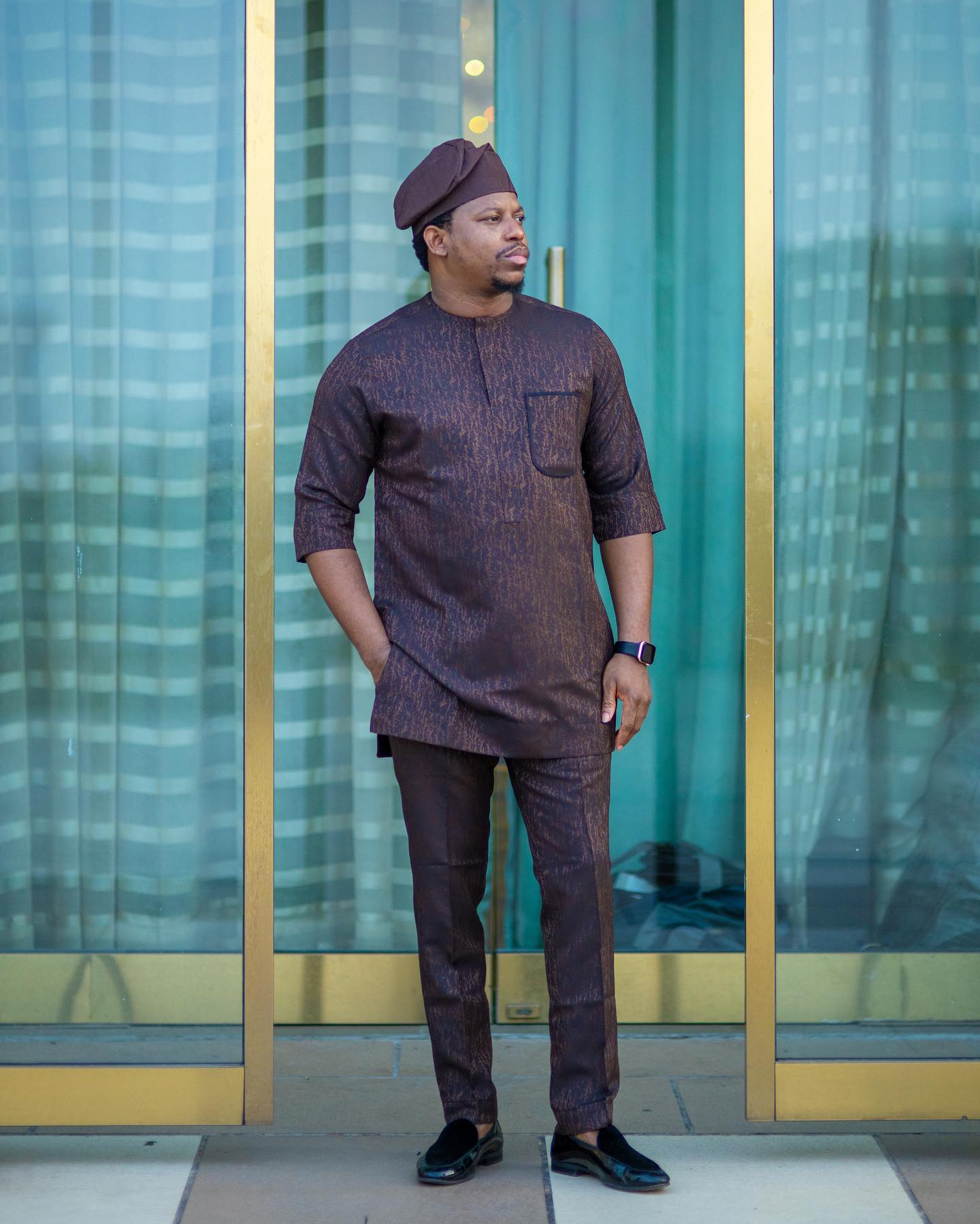 Brown Infused Patterned Kaftan with matching Cap