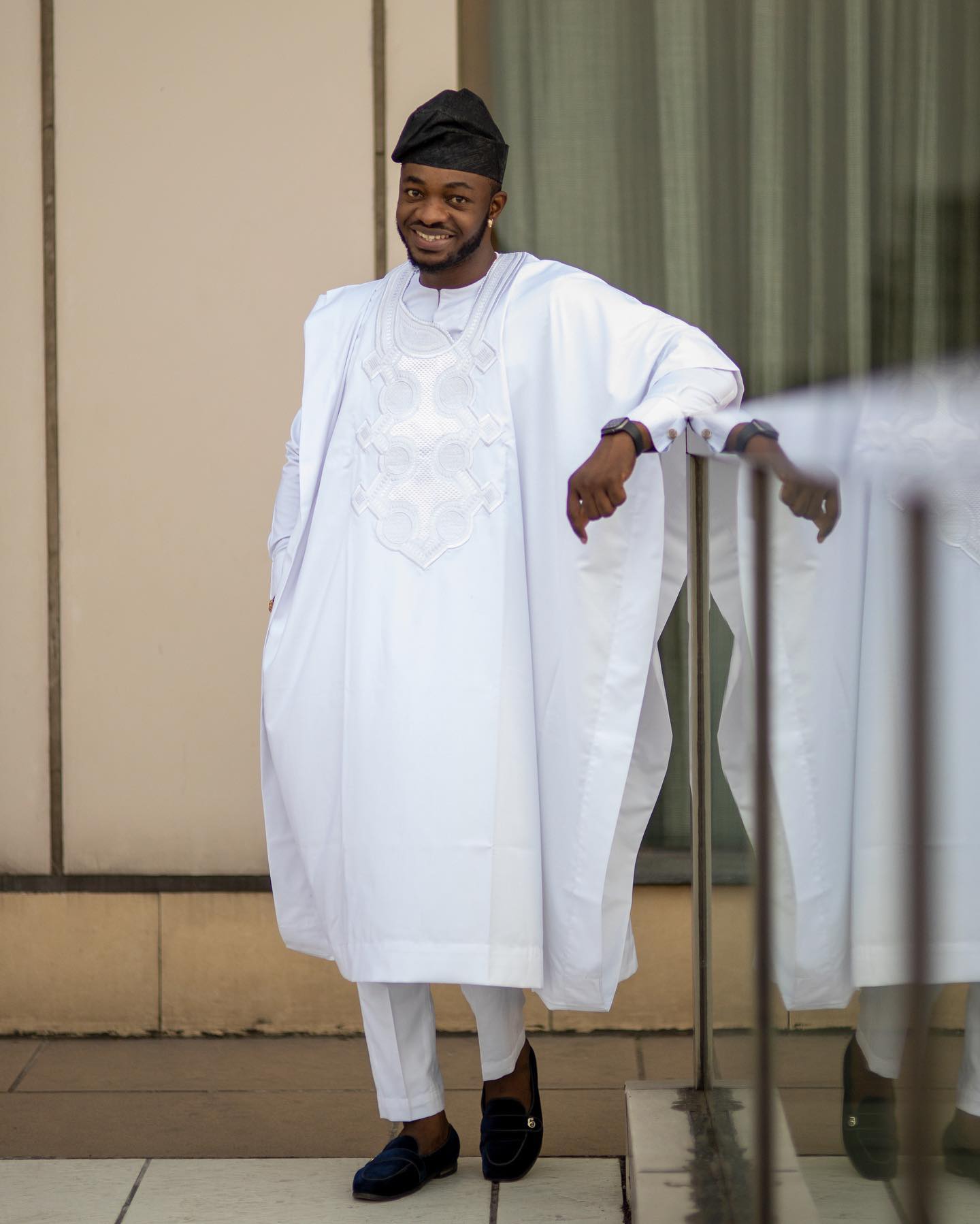 Crisp White 3-piece Agbada with Bold White Embroidery