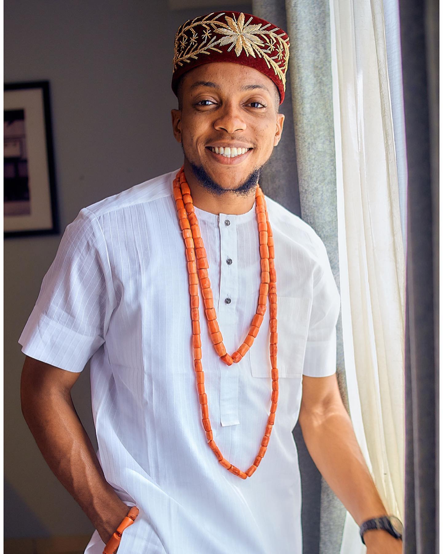 3 Piece Grooms Agbada with Gold-patterned Embroidery