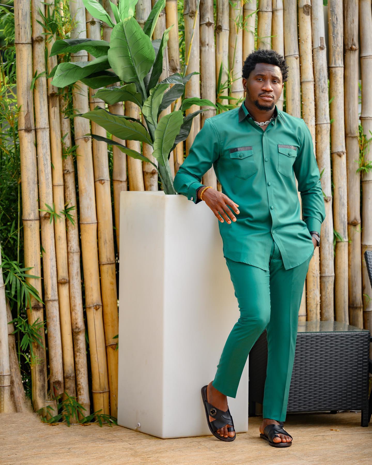 Plain Green Button-down Shirt with matching Pants