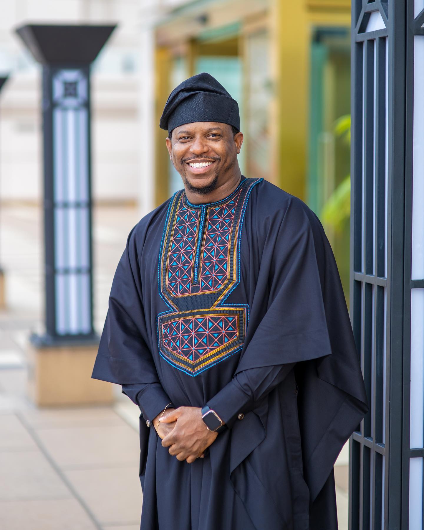 Navy Blue Full Length Agbada with light blue and lined brown embroidery