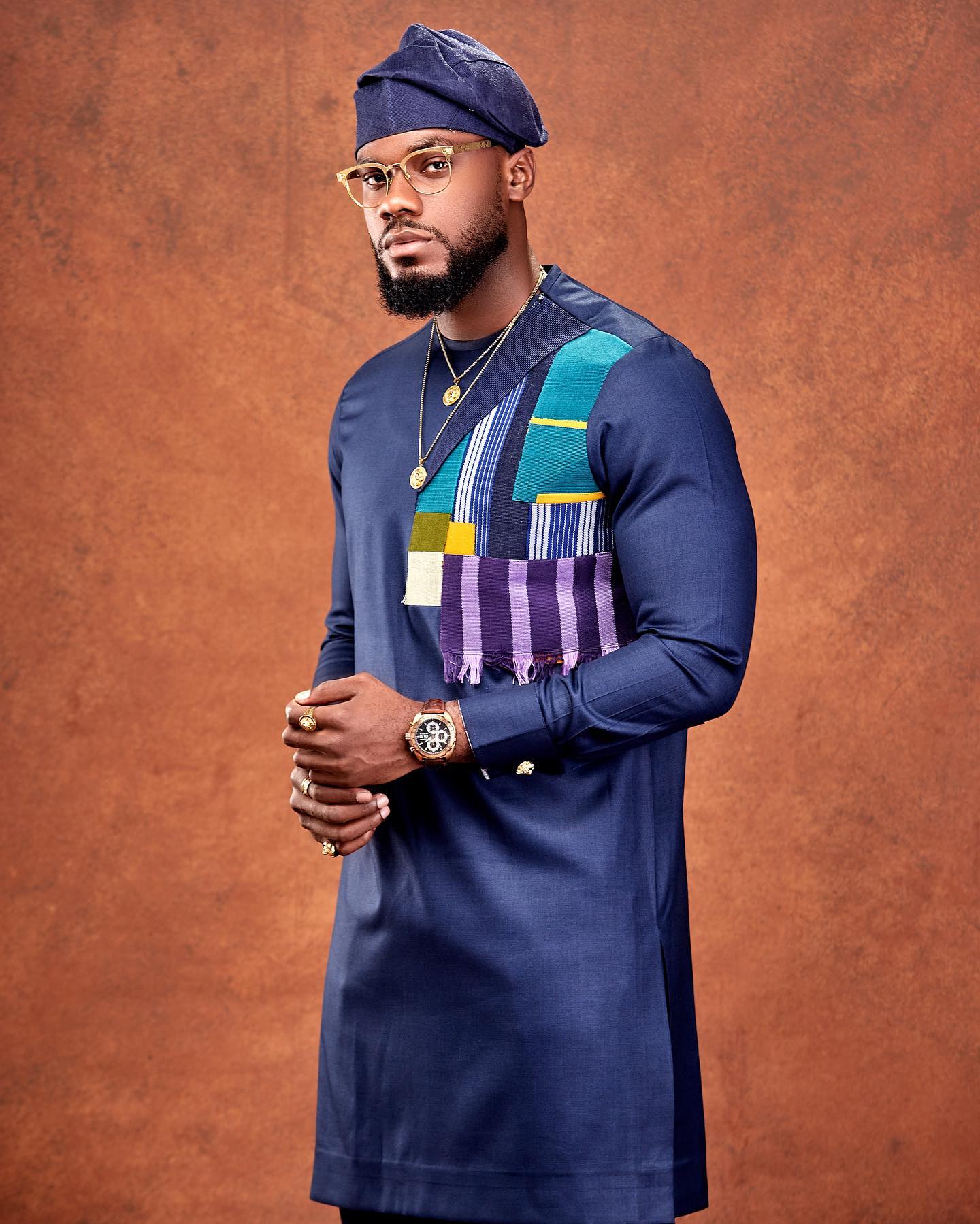 Navy Blue Kaftan with multipatterned design on the left part