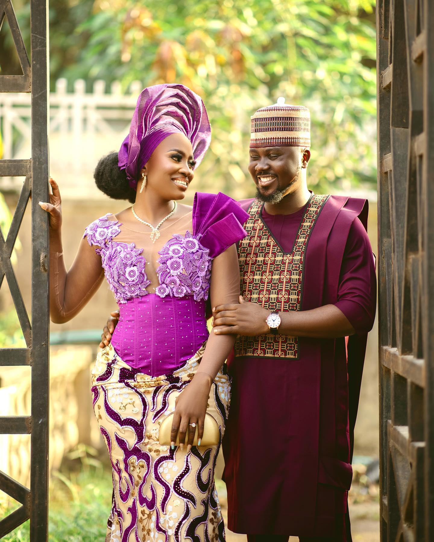 Wine-colored 3-piece Agbada with a striking v-patterned embroidery